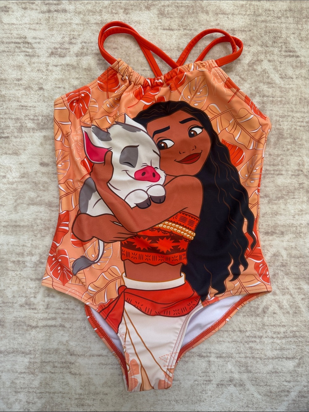Disney Moana & Pua Girls One-Piece Swimsuit Tropical Leaf Print Orange Crossback
